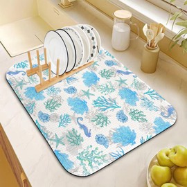 Dish Drying Mat for Kitchen Counter 16x18 Inch, Super Absorbent Dish Drainer Mat, Decorative Microfiber Dishes Drying Pad-Small(Marine Life)