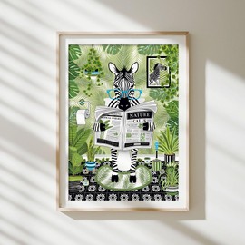 Parmaro Zebra on Toilet Print, Zebra Reading Newspaper Bathroom Print, A4 UNFRAMED Print, Animal on Toilet Print, Botanical Green Print Tropical Bathroom Decor