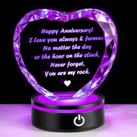 Gleecosy Crystal Wedding Anniversary Romantic Marriage Gifts for Couples Parents Heart Crystal Anniversary Keepsake with Colorful Led Base Unique Mr and Mrs Marriage Romantic Gifts for Couples