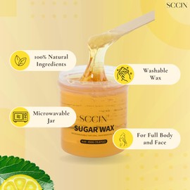 SCCIN 100% Natural Sugar Wax Hair Removal Kit 450G with 20 Washable/Resuable Cotton Strips and 4 Wooden Spatulas. Microwavable Depilatory Wax Jar. Washable Wax. Most Suitable for Sensitive Skin.