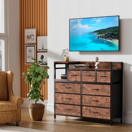 GAOMON Dresser TV Stand with Power Outlet, Bedroom Dresser with 9 Drawers, Chest of Drawers for Living Room, Hallway(Rustic Brown)