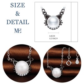 Women's 925 Sterling Silver Pearl Necklace, Cute cat pearl necklace pendant, Inlaid shiny zircon, gift for Birthday, Valentine's Day and Christmas