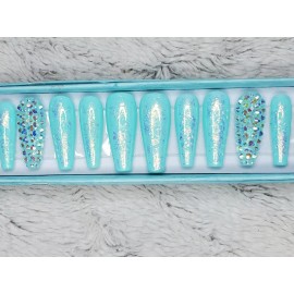 nailed by Rachel Teal green Mermaid crystal opal glitter bling press on nails luxury diamond