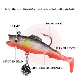 Pre-Rigged Jig Head Soft Fishing Lures, Paddle Tail Swimbaits for Bass Fishing, Shad or Tadpole Lure with Spinner, Premium Fishing Bait for Saltwater Freshwater, Trout Crappie Fishing