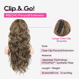 REECHO Ponytail Extension, 24" Claw Clip Ponytail Extension Wavy Ponytails Hair Extensions Jaw Clip on Pony Tails Natural Synthetic Hairpiece for Women Daily, Ash Brown