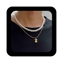 Cimenexe Bohemian Layered Pearl Bear Choker Necklace Gold Bear Pendant Necklace Round Pearl Collar Necklace Cute Bear Ball Chain Necklace Jewellery for Women, Zinc, No Gemstone