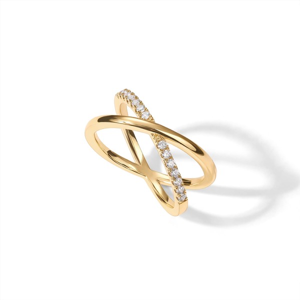 PAVOI 14K Gold Plated X Ring | Simulated Pavé Diamond CZ Criss Cross Ring for Women | Yellow Gold - Size 7