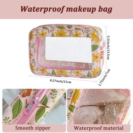 TotePrint Flower Print PVC Cosmetic Bag - Waterproof Clear Makeup Pouch with Zipper, 8.26 x 5.31 x 2.75 Inches Travel Toiletry Organizer for Women & Men Lightweight & TSA Friendly (Pink+red flowers-M)