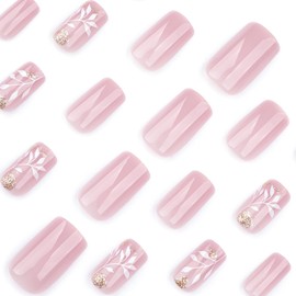 Short Press on Nails Square Fake Nails Gold Glitter False Nails with Designs Gold Foil Line White Leaves Glue on Nails Full Cover Glossy Acrylic Stick Nails Nude Artificial Nails for Women 24Pcs