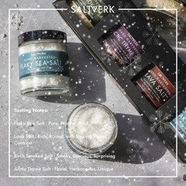 Saltverk Salt Gift Set - Includes 4 Jars - Flaky, Lava , Birch Smoked, Arctic Thyme Sea Salts- Gourmet, Icelandic, Hand Harvested and Sustainably Made - 12.33 Oz Total