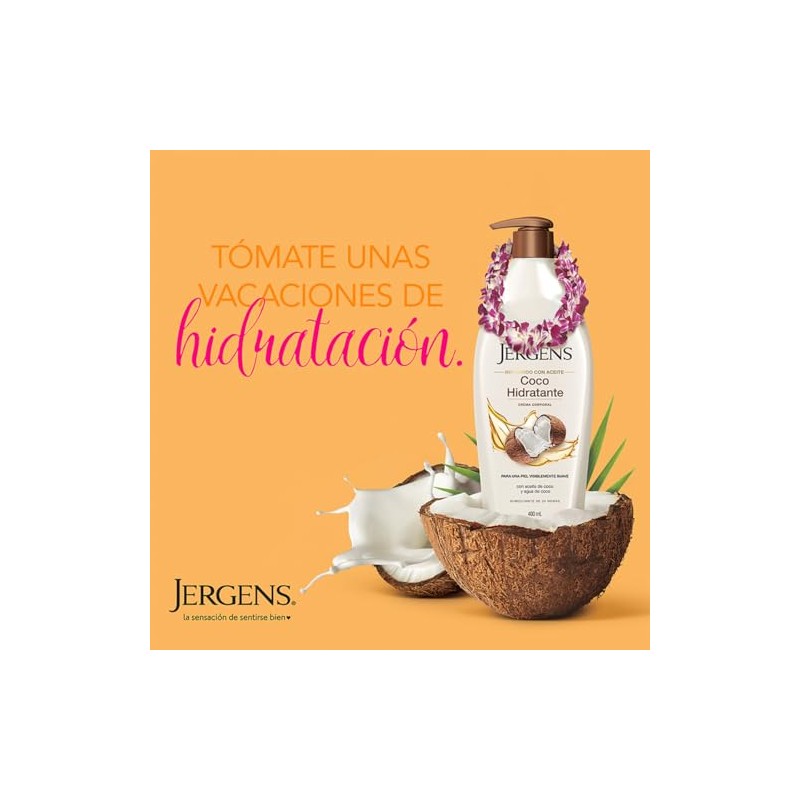 Jergens, Crema Corporal Coco Hidratante, 400 mL, Infundido con aceite