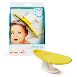 Munchkin Squeeze & Scrub Silicone Baby Bath Brush with Soap and Shampoo Dispenser - Soft & Gentle Bristles, Great for Newborn Neck Folds, Cradle Cap, Hair, Massager & Hard-to-Reach Spots, Yellow