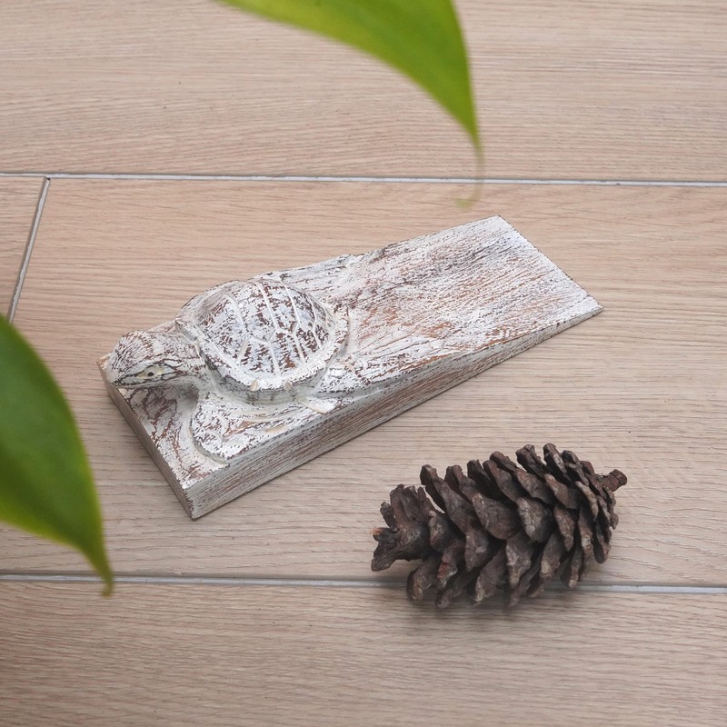NOVICA Handmade Wood Baby Turtle Door Stopper, Brown and White,