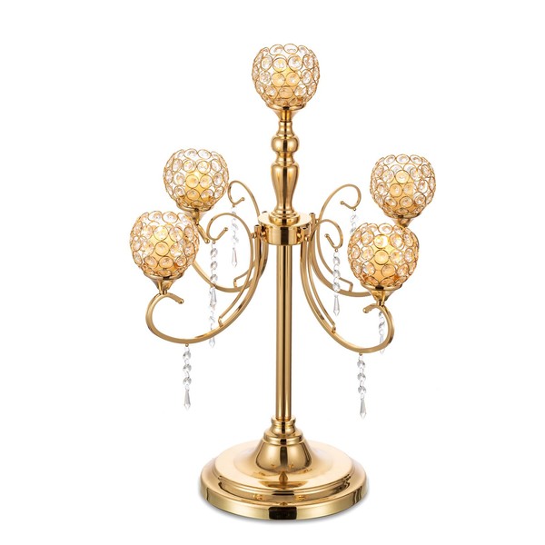 NUPTIO Gold Crystal Candle Holders: 29.5 inch Tall 5 Arm Floor Candelabra for Pillar & Tealight Candles Wedding Centerpieces for Tables Modern Chandelier Party Mantel Dining Center Pieces Decorations
