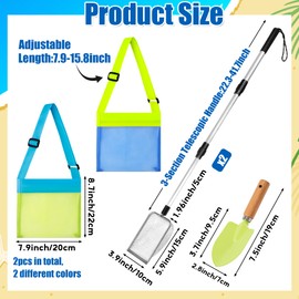 ARefugen Beach Sand Sifter Set – 2 Retractable Sand Screens, Metal Shovel & 2 Seashell Mesh Bags, Adjustable Handle Scoop Tool for Beachcombing Collecting Shells Shark Teeth Treasure Hunting