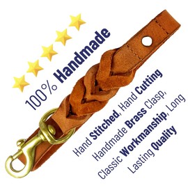 Leatherow Leather Short Dog Leash 15 Inch - Short Dog Traffic Lead For Large Dogs Training And Walking - Braided Leather Dog Tab For Large Dogs - Full Grain Heavy Duty Leather (Tan)