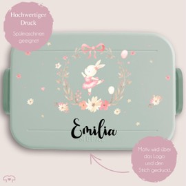 Children's Bento Box Midi Lunch Box for Mepal Bento Box - Cute Rabbit Long Eared Bunny Easter - 900 ml - Sage Green - Flower Wreath Lunch Box Lunch Box Girls School Animal Nursery Gifts