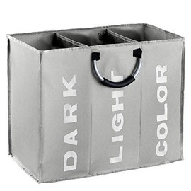 IHOMAGIC 3 Sections Large Laundry Hamper, Laundry Bag Collapsible, Foldable Washing Clothes Sorter, Storage Bag with Carry Handles, Dirty Clothes Bag for Bathroom Bedroom. L60*W32*H49cm (Light Grey)