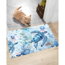 Zandzinjten Non Slip Bath Mat for Bathroom Floor Tub, Summer Blue Sea Turtle Sailing Coral Jellyfish Bathroom Rug Water Absorbent Soft Shaggy Rugs Indoor Doormats Marine Life Mats,16x24In