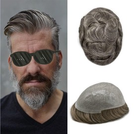 Healthlif Ultra Thin Skin Mens Toupee Human Hair Replacement System Toupee For Men Hair System Poly Hair Pieces For Men 0.04mm V-Loop 8x10-80% light density#450 4# MEDIUM BROWN+50% GREY