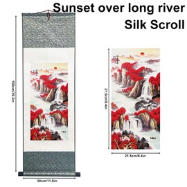 Ziosxin - Pincel de arte chino con tinta para paisaje, flor y pájaros, tapiz asiático de seda para colgar en la pared (puesta de sol sobre el río largo, 39 x 12 pulgadas/100 x 30 cm)