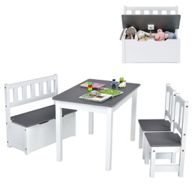 Costzon 2 in 1 Kids Table and Chair Set, Wood Activity Table with Toy Storage Bench & 2 Chairs for Children Reading, Arts, Crafts, Snack Time, Homework, Playroom, Toddler Table and Chairs (Grey)