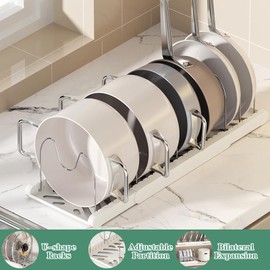 Yuzi Pots and Pans Organizer Under Cabinet - Expandable Pot Lid Holder with 7 Adjustable Dividers for Kitchen Cabinet, Baking Pan and Tray Organizer, Cookware Baking Frying Rack