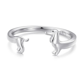 Cute Dachshund Ring 925 Sterling Silver for Pets Puppy Dog Wrap Finger Band Open Statement Ring Adjustable Bands Delicate Jewellery for Women Pet Lovers, Non-precious metal, No Gemstone