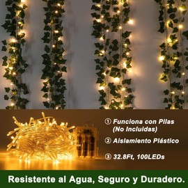 Guirnalda de Luces de Hiedra | 10M/32.8FT Plantas Artificiales Luces Navideñas con 100 Luces de Cadena LED | Hoja Verde Artificial Guirnalda | Ideal para Fiesta, Boda | Funciona con Pilas 3 AA(sin)