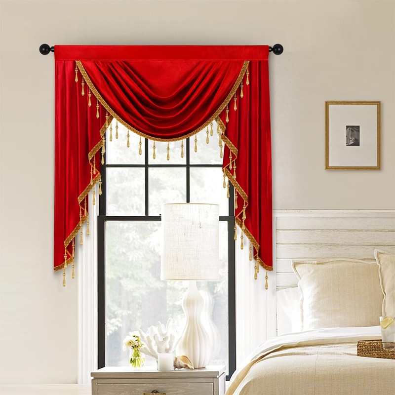 ELKCA Luxury Burgundy Red Velvet Curtain Valances for Living Room