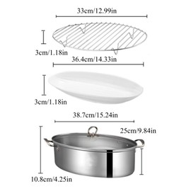 Stainless Steel Fish Steamer Set Large Steamer Pot for Steaming Fish, Boiling Soup Multi-Use Oval Cookware with Glass Lid, Rack, Pan, Chuck
