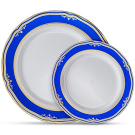 Laura Stein Designer Dinnerware Set | 32 Disposable Plastic Party Bowls | White Wedding Bowl with Blue Rim & Rose Gold Accents | Includes 16 x 12 oz Soup Bowls + 16 x 5 oz Dessert Bowls | Cobalt Blue