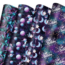 Vnaaem 12 Pcs Birthday Wrapping Paper Galaxy Space Gift Wrap Paper with Neon Stars Patterns for Kids Men Women Birthday Baby Shower Party,19.6 X27.8Inch