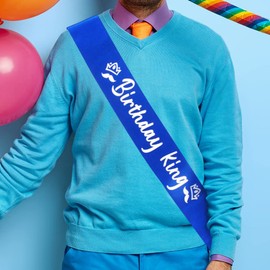 Party to Be Birthday King Sash Blue 3.15" Wide x 35" Long from Shoulder to Hip