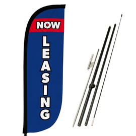 LookOurWay Feather Flag Pole Kit - 7 Feet Tall Advertising Banner with Fiberglass Pole Set and Ground Spike for Business Promotion - Real Estate Flags - Now Leasing Blue