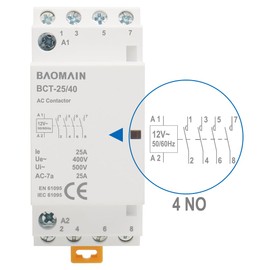 Baomain AC Contactor 12VAC 25A 4 Pole 4NO Normally Open Universal Circuit Control 35mm DIN Rail Mount CE Listed BCT-25/40 (25 Amp.)