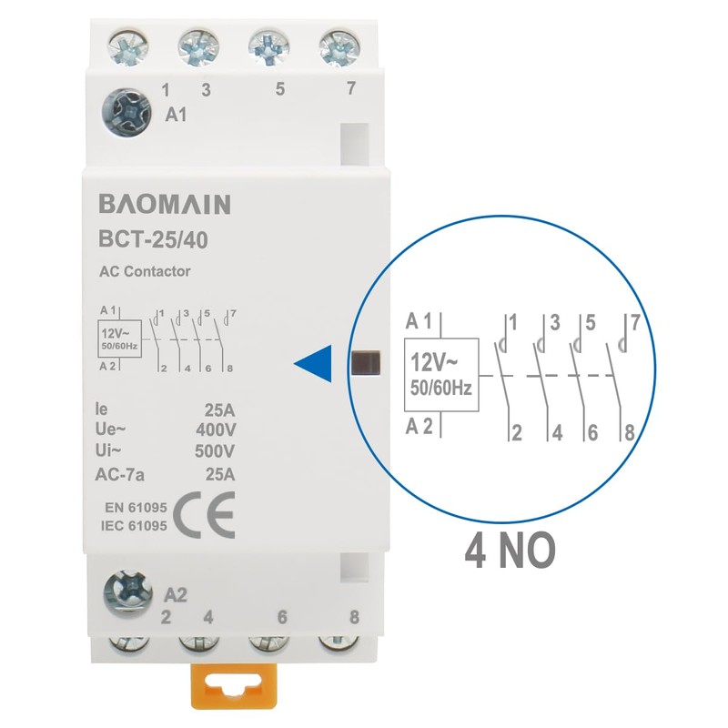 Baomain AC Contactor 12VAC 25A 4 Pole 4NO Normally Open