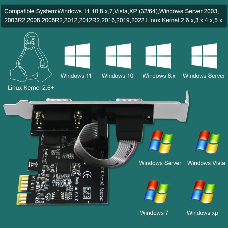 LinksTek 2-Port PCI Express RS-232 DB9 Serial Port Card for