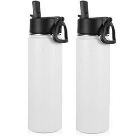 Volhoply Insulated Water Bottles with Straw Bulk 2 Pack, 22 oz Stainless Steel Sports Bottle with Handle Lid,Double Walled Vacuum Metal Water Thermos, Reusable Cold Water Flask for School(White,2 Set)