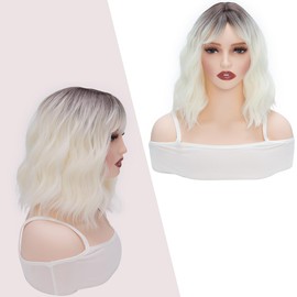 Yamel Wavy Bob Wig with Bangs Natural Ombre White Wig Synthetic Hair Shoulder Length Short Curly Wigs for Women