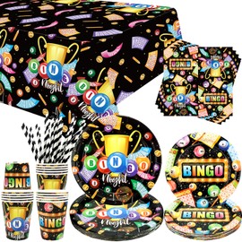 Bingo Party Supplies - Bingo Party Tableware - Dinner Plates Desserts Plates Cups Napkins Tablecover Straws for Game Night Party Supplies, Serves 20 (20)