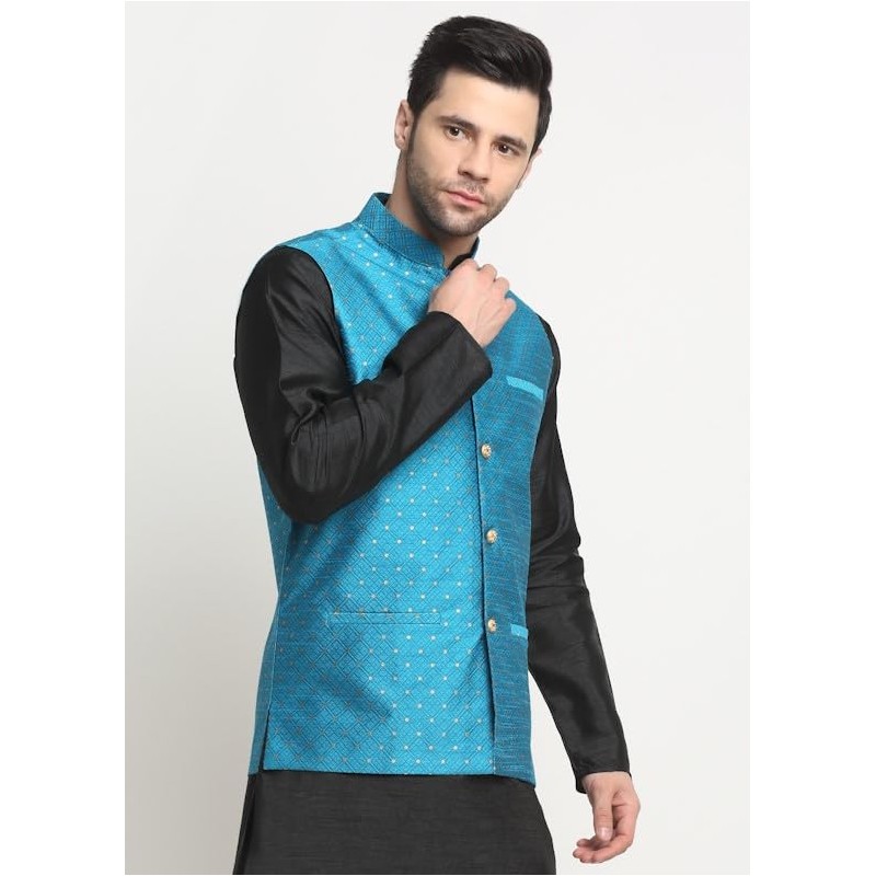KRAFT INDIA - chamarra Nehru de seda con lunares, Azul,