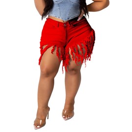 PINSV Women Plus Size Fringe Denim Shorts High Waisted Frayed Raw Hem Ripped Tassels Jeans Red 4XL
