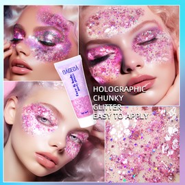 Prreal Body Glitter Gel 50 ml, Mermaid Sequins Chunky Glitter Liquid Gel Kit, Long-Lasting Glitter Sequins Chunky Powder Gel for Festival Masquerade Birthday Makeup #Pink