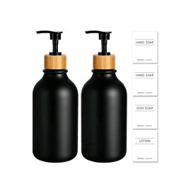 Emerson Essentials 2 Bottle Glass Set Bamboo Tray Black 16 Oz Soap Bottles New