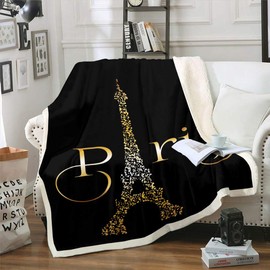 Feelyou Eiffel Tower Fleece Blankets Romantic Paris Theme Throw Blanket for Kids Girls Adults Paris Cityscape Blanket Luxury Sherpa Blanket,Room Decor Fuzzy Blanket Throw 50"x60",Black,Golden