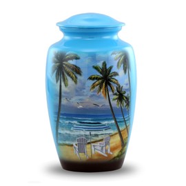 Paradise Beach Urn - Full Size Tropical Beach Cremation Urn - Adult Palm Trees Urns - Ocean View Blue Funeral and Memorial Urns for Human Ashes Upto 200 Lbs with Velvet Bag (Large)
