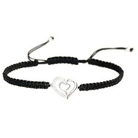 Sterling Silver Cubic Zirconia Double Heart Love Black Hand-Braided Cord Adjustable Bracelet