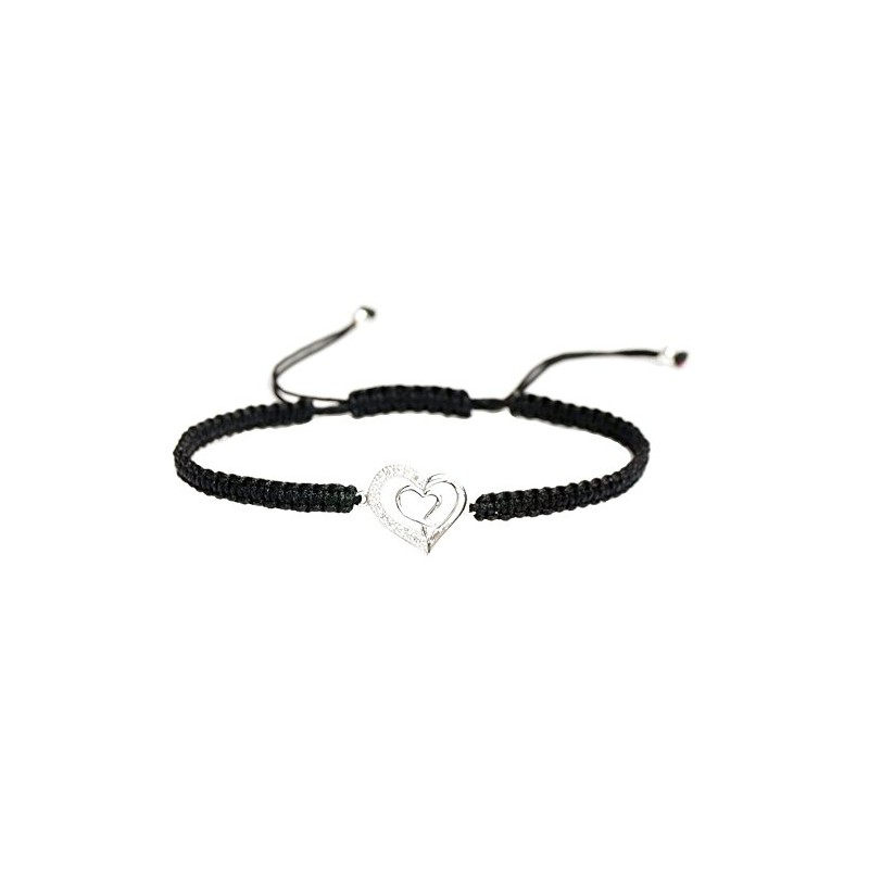 Sterling Silver Cubic Zirconia Double Heart Love Black Hand-Braided Cord