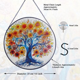 ZUSANG Tree of Life Stained Glass Suncatcher Window Hanging, Sunflower Life Tree Stained Glass Panel, 9.8'' Hand-Painted Suncatchers for Windows Hanging for Women